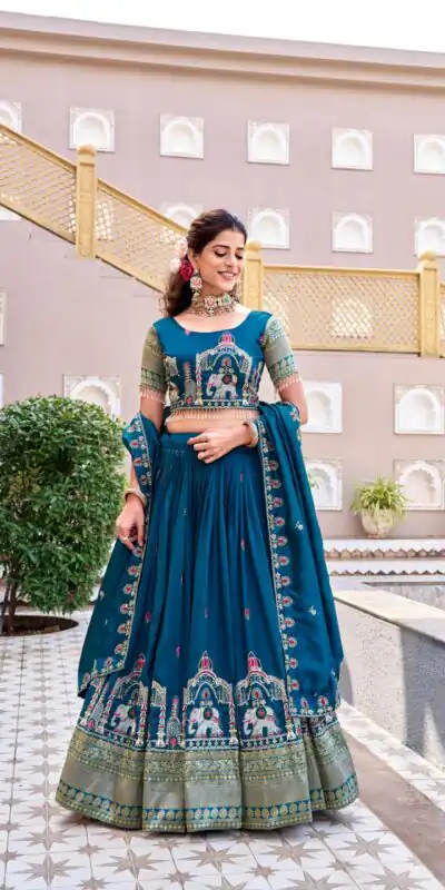 Ram 163 Teal in Color Vichitra Silk Embroidery Work Lehenga Choli . Now at just ₹3049. Delivery 4-6 Working Days. Shop now. | Bollywood Lehenga, Creative Lehenga, Designer Lehenga, Embroidered Lehenga, Lehenga, Party Wear Lehenga