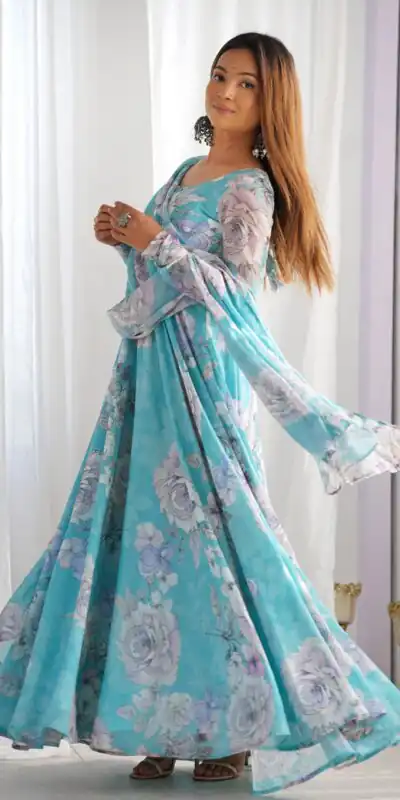 KB 292 Sky Blue Fox Georgette Gown Perfect for Wedding, Party, Ganesh Chaturthi, Haldi, Lohri – . Grab it for ₹1849. Delivery 4-6 Working Days. | Bollywood Gowns, Creative Gowns, Designer Gowns, Embroidered Gowns, Gowns, Party Wear Gowns