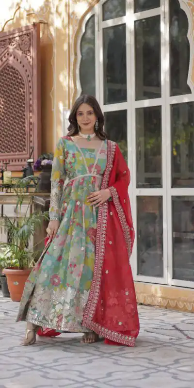 KA 1159 Sky Blue Russian Silk Gown Perfect for Wedding, Party, Ethnic Day, Haldi, Traditional Day – . Special Price ₹3149. Delivery 4-6 Working Day | Bollywood Gowns, Creative Gowns, Designer Gowns, Embroidered Gowns, Gowns, Party Wear Gowns