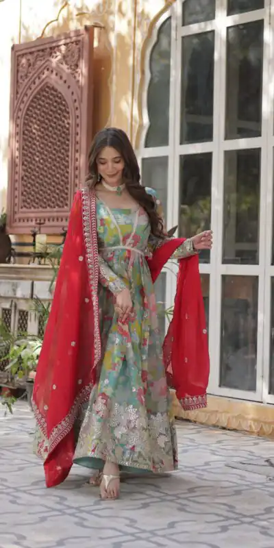 KA 1159 Sky Blue Russian Silk Gown Perfect for Wedding, Party, Ethnic Day, Haldi, Traditional Day – . Special Price ₹3149. Delivery 4-6 Working Day | Bollywood Gowns, Creative Gowns, Designer Gowns, Embroidered Gowns, Gowns, Party Wear Gowns