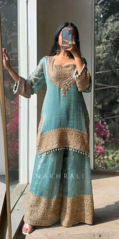 Super Firozi Fendy Silk Embroidery Work Salwar Suit