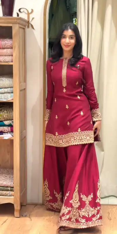 MF 501 Red Natural Crep Salwar Suit Brown with Embroidery Work. Exclusive Offer ₹2549. Delivery 4-6 Working Days. Shop now. | Casual Suits, Jump Suits, Creative suits, Designer Suits, Palazzo Suits, Party Wear Suits, Patiala Suits, Salwar suit, Straight Suits