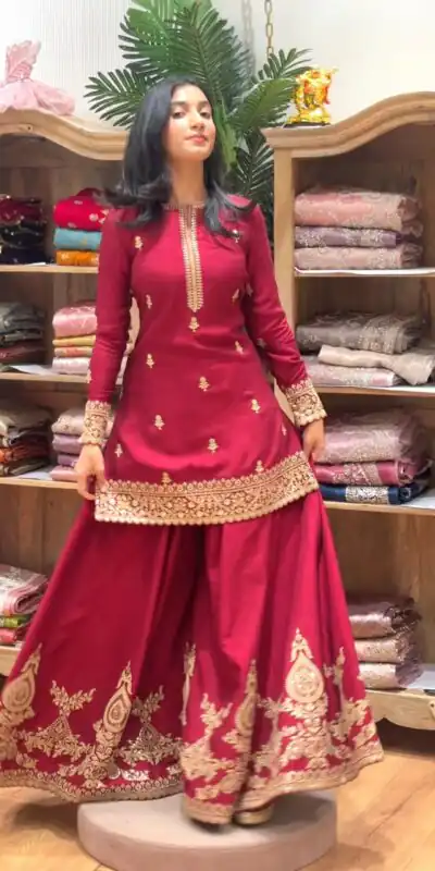 MF 501 Red Natural Crep Salwar Suit Brown with Embroidery Work. Exclusive Offer ₹2549. Delivery 4-6 Working Days. Shop now. | Casual Suits, Jump Suits, Creative suits, Designer Suits, Palazzo Suits, Party Wear Suits, Patiala Suits, Salwar suit, Straight Suits