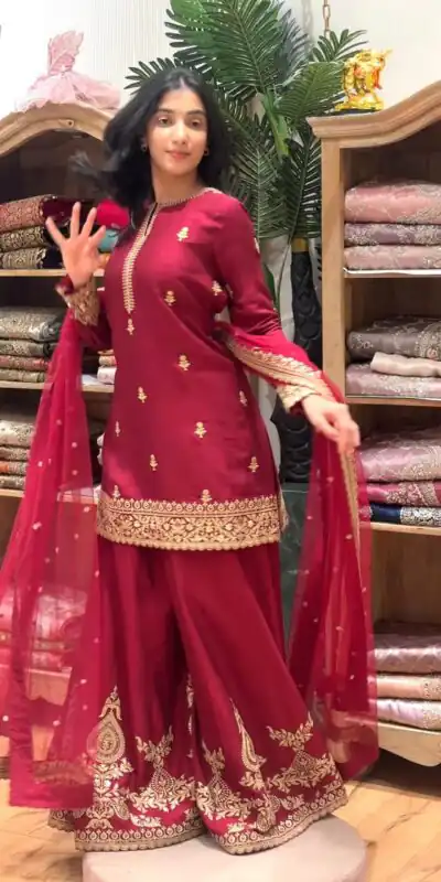 MF 501 Red Natural Crep Salwar Suit Brown with Embroidery Work. Exclusive Offer ₹2549. Delivery 4-6 Working Days. Shop now. | Casual Suits, Jump Suits, Creative suits, Designer Suits, Palazzo Suits, Party Wear Suits, Patiala Suits, Salwar suit, Straight Suits