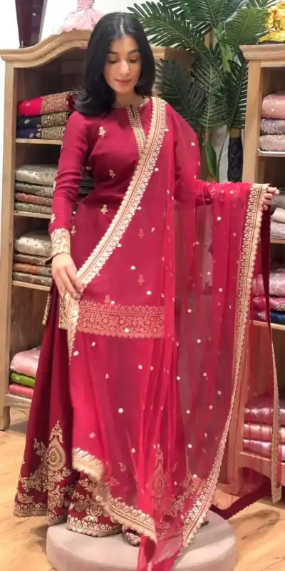 MF 501 Red Natural Crep Salwar Suit Brown with Embroidery Work. Exclusive Offer ₹2549. Delivery 4-6 Working Days. Shop now. | Casual Suits, Jump Suits, Creative suits, Designer Suits, Palazzo Suits, Party Wear Suits, Patiala Suits, Salwar suit, Straight Suits