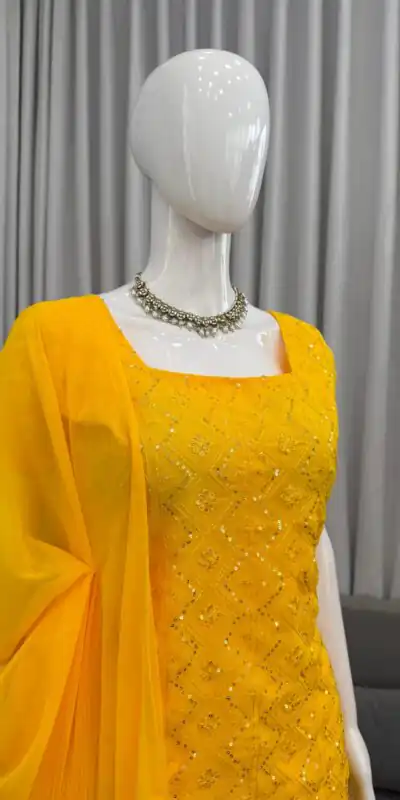 KD 1543 Yellow Faux Georgette Salwar Suit with Designer Work. Introductory Price ₹1949. Delivery 4-6 Working Days. Shop now. | Casual Suits, Jump Suits, Creative suits, Designer Suits, Palazzo Suits, Party Wear Suits, Patiala Suits, Salwar suit, Straight Suits