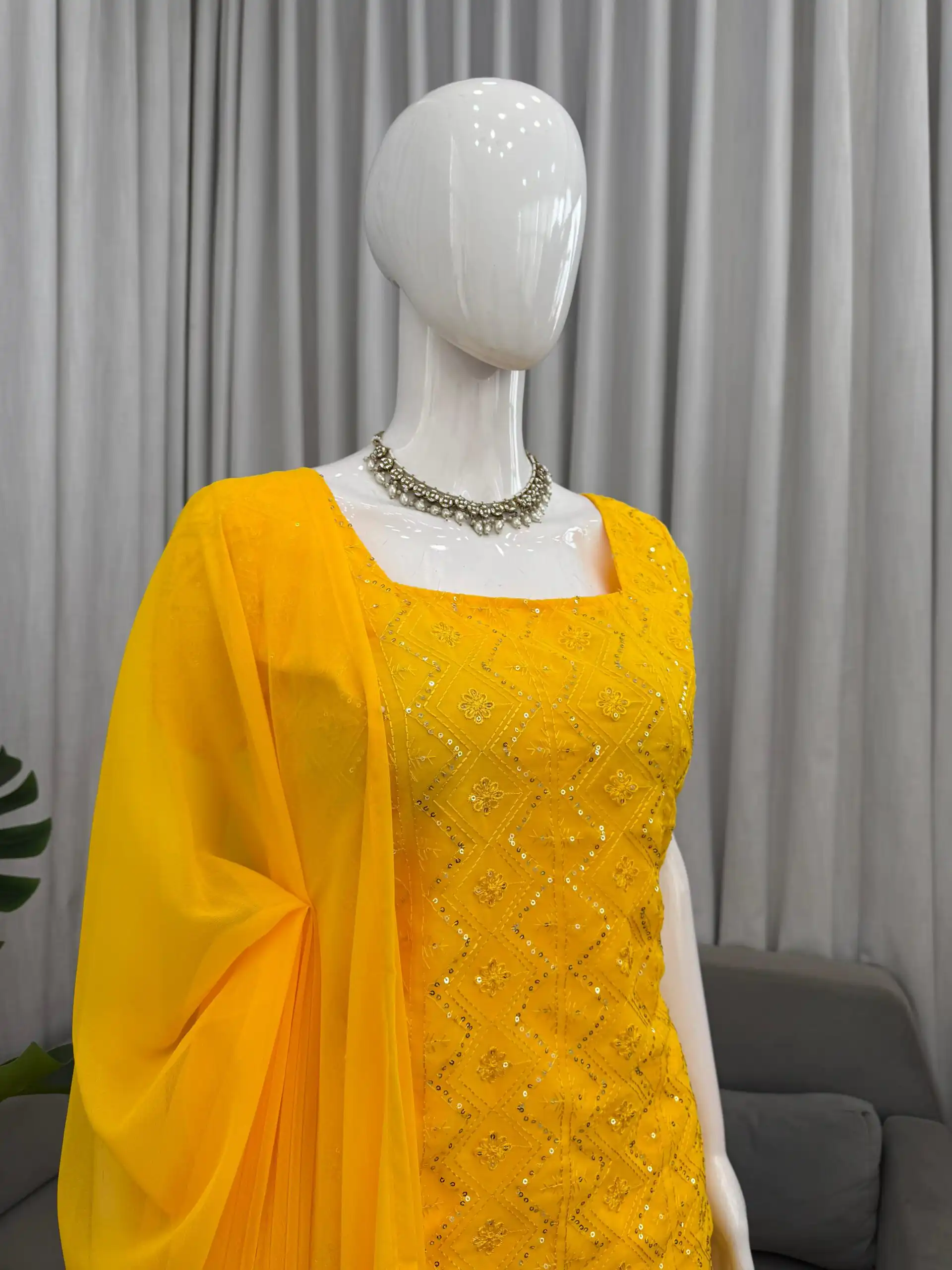 KD 1543 Yellow Faux Georgette Salwar Suit with Designer Work. Introductory Price ₹1949. Delivery 4-6 Working Days. Shop now. | Casual Suits, Jump Suits, Creative suits, Designer Suits, Palazzo Suits, Party Wear Suits, Patiala Suits, Salwar suit, Straight Suits
