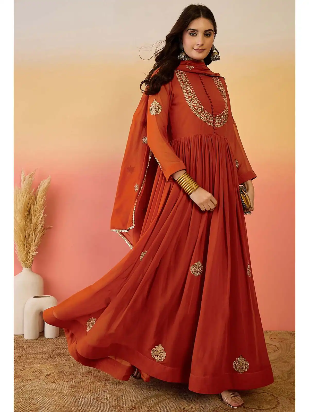 ZF 501 Rust Color Fox Blooming Georgette Gown with Lace Work. Affordable Price ₹2149. Delivery 4-6 Working Days. Shop now. | Bollywood Gowns, Creative Gowns, Designer Gowns, Embroidered Gowns, Gowns, Party Wear Gowns
