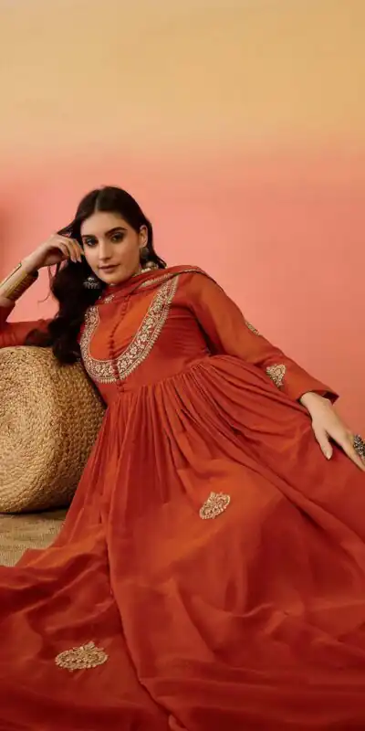 ZF 501 Rust Color Fox Blooming Georgette Gown with Lace Work. Affordable Price ₹2149. Delivery 4-6 Working Days. Shop now. | Bollywood Gowns, Creative Gowns, Designer Gowns, Embroidered Gowns, Gowns, Party Wear Gowns