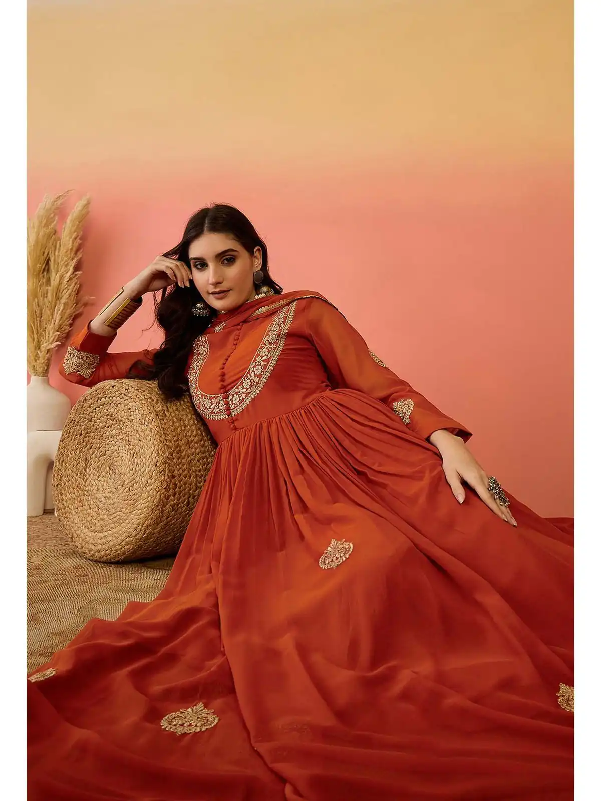 ZF 501 Rust Color Fox Blooming Georgette Gown with Lace Work. Affordable Price ₹2149. Delivery 4-6 Working Days. Shop now. | Bollywood Gowns, Creative Gowns, Designer Gowns, Embroidered Gowns, Gowns, Party Wear Gowns