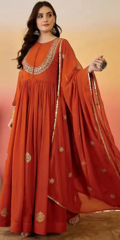 ZF 501 Rust Color Fox Blooming Georgette Gown with Lace Work. Affordable Price ₹2149. Delivery 4-6 Working Days. Shop now. | Bollywood Gowns, Creative Gowns, Designer Gowns, Embroidered Gowns, Gowns, Party Wear Gowns