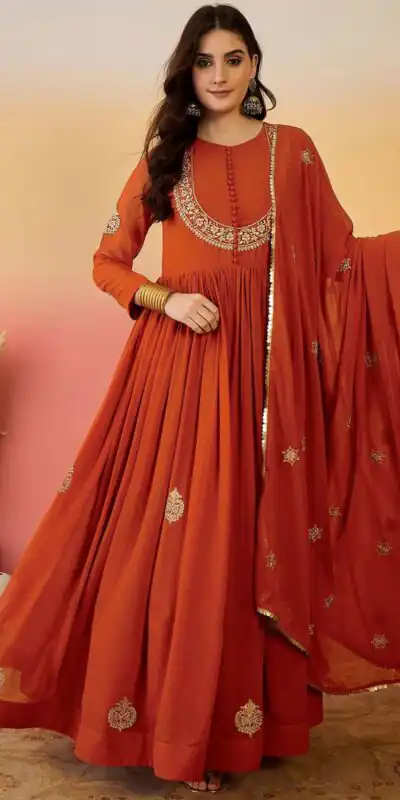 ZF 501 Rust Color Fox Blooming Georgette Gown with Lace Work. Affordable Price ₹2149. Delivery 4-6 Working Days. Shop now. | Bollywood Gowns, Creative Gowns, Designer Gowns, Embroidered Gowns, Gowns, Party Wear Gowns
