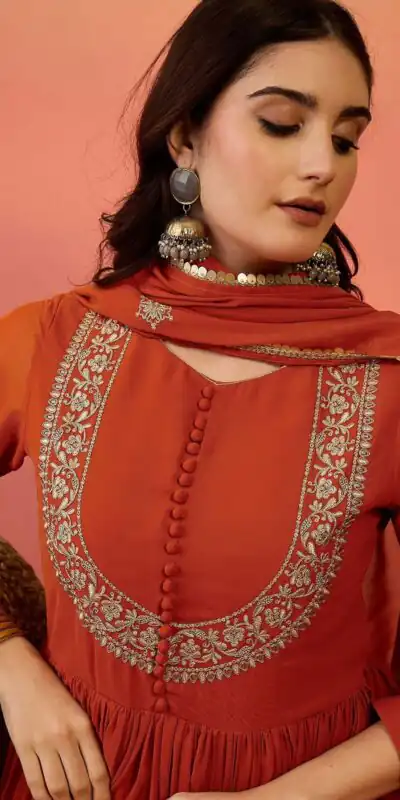 ZF 501 Rust Color Fox Blooming Georgette Gown with Lace Work. Affordable Price ₹2149. Delivery 4-6 Working Days. Shop now. | Bollywood Gowns, Creative Gowns, Designer Gowns, Embroidered Gowns, Gowns, Party Wear Gowns