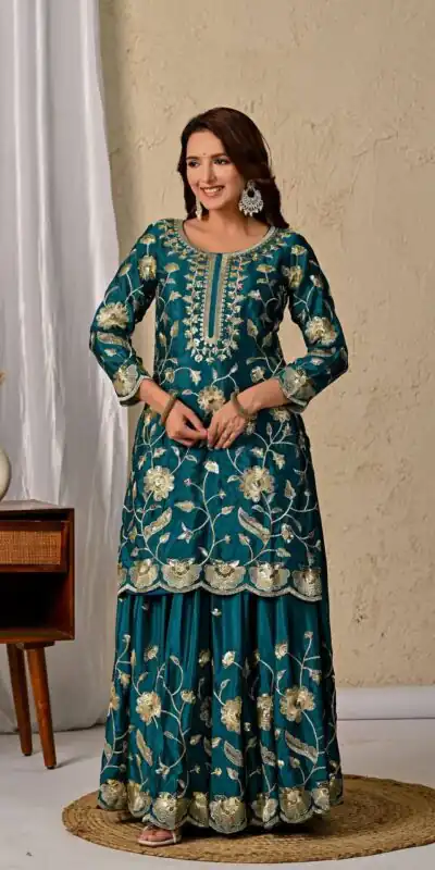 MD 3057 Teal Chinon Silk Salwar Suit with Embroidery Work & Lace Work. Affordable Price ₹2149. Delivery 4-6 Working Days. Shop now. | Casual Suits, Jump Suits, Creative suits, Designer Suits, Palazzo Suits, Party Wear Suits, Patiala Suits, Salwar suit, Straight Suits