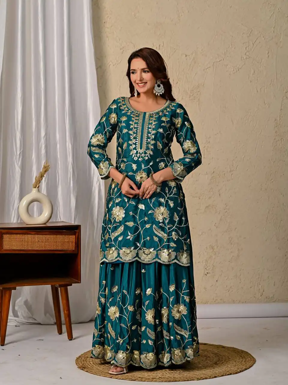 MD 3057 Teal Chinon Silk Salwar Suit with Embroidery Work & Lace Work. Affordable Price ₹2149. Delivery 4-6 Working Days. Shop now. | Casual Suits, Jump Suits, Creative suits, Designer Suits, Palazzo Suits, Party Wear Suits, Patiala Suits, Salwar suit, Straight Suits