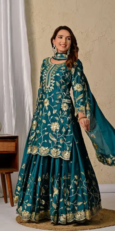 MD 3057 Teal Chinon Silk Salwar Suit with Embroidery Work & Lace Work. Affordable Price ₹2149. Delivery 4-6 Working Days. Shop now. | Casual Suits, Jump Suits, Creative suits, Designer Suits, Palazzo Suits, Party Wear Suits, Patiala Suits, Salwar suit, Straight Suits