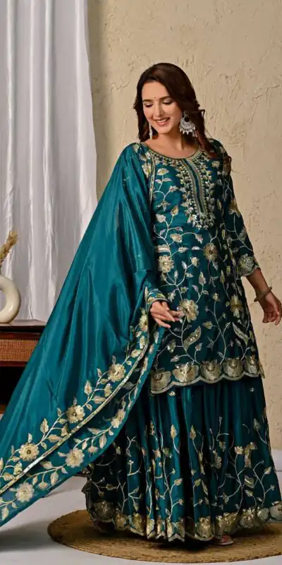 MD 3057 Teal Chinon Silk Salwar Suit with Embroidery Work & Lace Work. Affordable Price ₹2149. Delivery 4-6 Working Days. Shop now. | Casual Suits, Jump Suits, Creative suits, Designer Suits, Palazzo Suits, Party Wear Suits, Patiala Suits, Salwar suit, Straight Suits