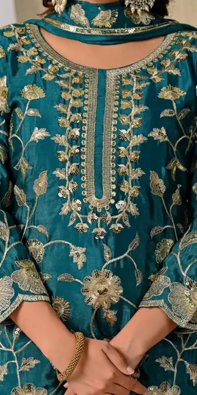 MD 3057 Teal Chinon Silk Salwar Suit with Embroidery Work & Lace Work. Affordable Price ₹2149. Delivery 4-6 Working Days. Shop now. | Casual Suits, Jump Suits, Creative suits, Designer Suits, Palazzo Suits, Party Wear Suits, Patiala Suits, Salwar suit, Straight Suits
