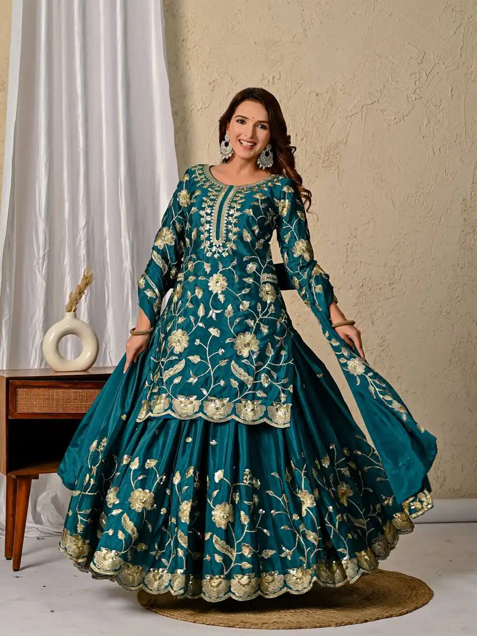 MD 3057 Teal Chinon Silk Salwar Suit with Embroidery Work & Lace Work. Affordable Price ₹2149. Delivery 4-6 Working Days. Shop now. | Casual Suits, Jump Suits, Creative suits, Designer Suits, Palazzo Suits, Party Wear Suits, Patiala Suits, Salwar suit, Straight Suits