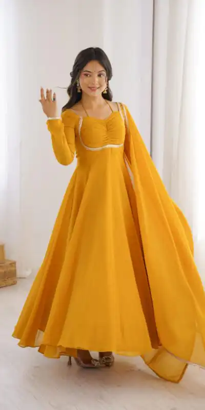 KB 291 Yellow Color Fox Blooming Georgette Gown with Lace Work. Affordable Price ₹1899. Delivery 4-6 Working Days. Shop now. | Bollywood Gowns, Creative Gowns, Designer Gowns, Embroidered Gowns, Gowns, Party Wear Gowns