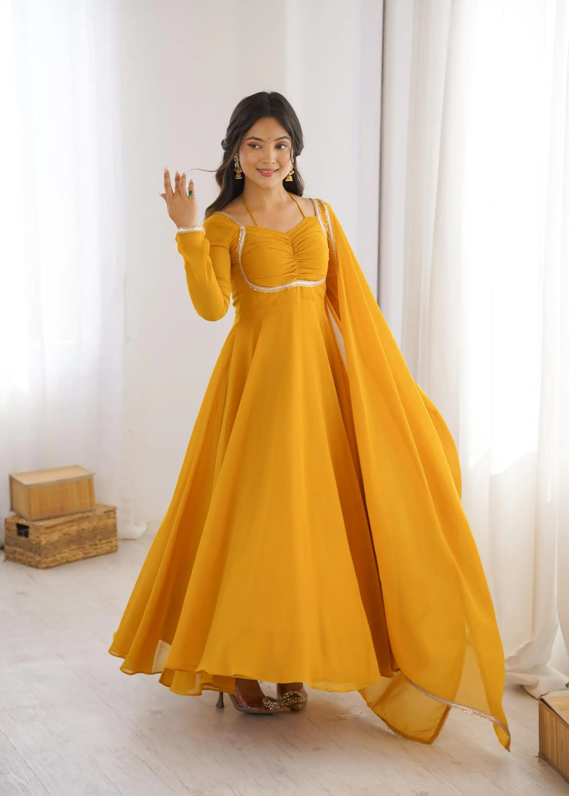 KB 291 Yellow Color Fox Blooming Georgette Gown with Lace Work. Affordable Price ₹1899. Delivery 4-6 Working Days. Shop now. | Bollywood Gowns, Creative Gowns, Designer Gowns, Embroidered Gowns, Gowns, Party Wear Gowns