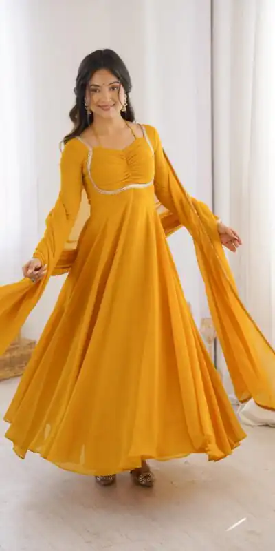 KB 291 Yellow Color Fox Blooming Georgette Gown with Lace Work. Affordable Price ₹1899. Delivery 4-6 Working Days. Shop now. | Bollywood Gowns, Creative Gowns, Designer Gowns, Embroidered Gowns, Gowns, Party Wear Gowns