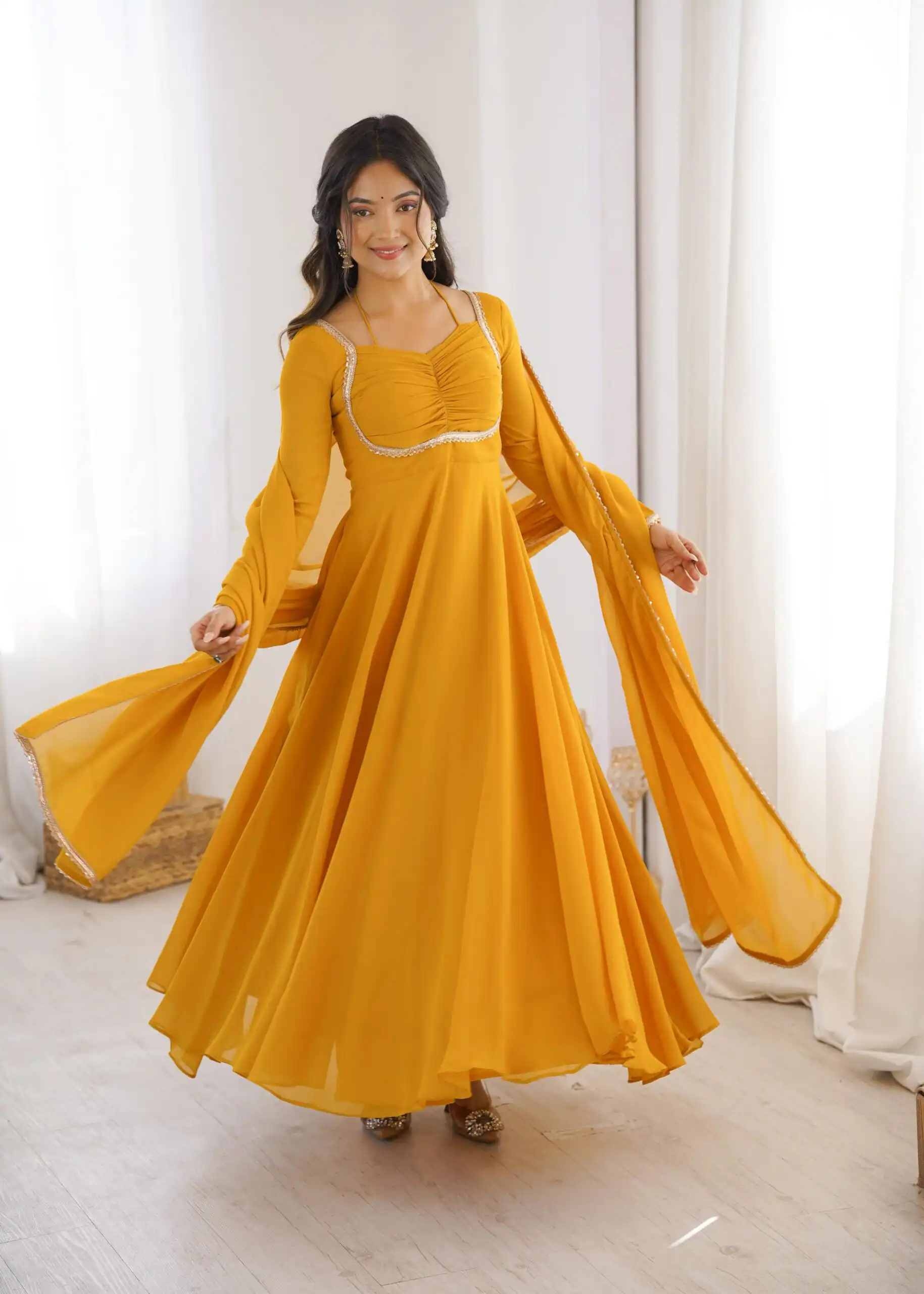 KB 291 Yellow Color Fox Blooming Georgette Gown with Lace Work. Affordable Price ₹1899. Delivery 4-6 Working Days. Shop now. | Bollywood Gowns, Creative Gowns, Designer Gowns, Embroidered Gowns, Gowns, Party Wear Gowns