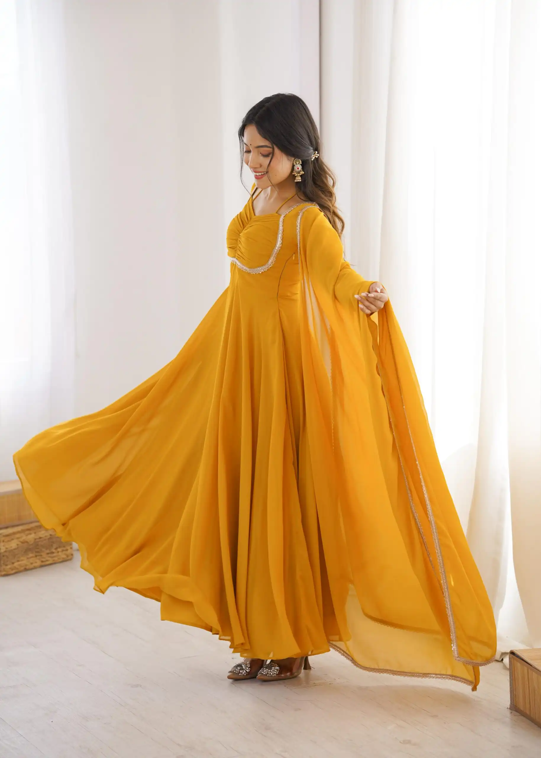 KB 291 Yellow Color Fox Blooming Georgette Gown with Lace Work. Affordable Price ₹1899. Delivery 4-6 Working Days. Shop now. | Bollywood Gowns, Creative Gowns, Designer Gowns, Embroidered Gowns, Gowns, Party Wear Gowns