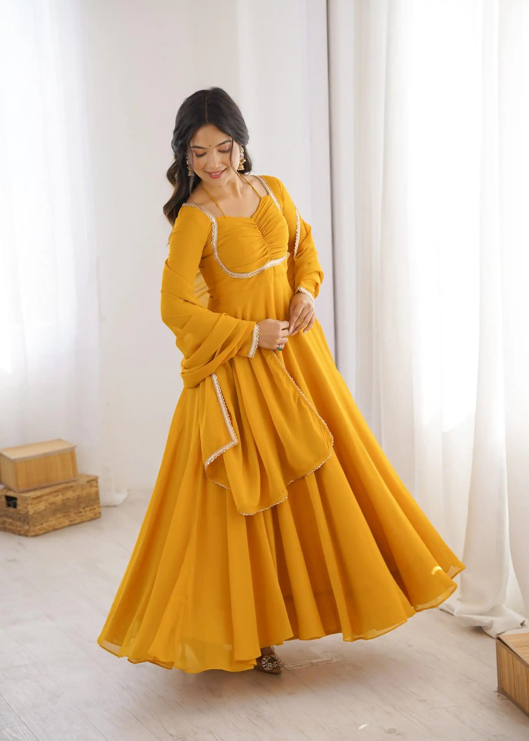 KB 291 Yellow Color Fox Blooming Georgette Gown with Lace Work. Affordable Price ₹1899. Delivery 4-6 Working Days. Shop now. | Bollywood Gowns, Creative Gowns, Designer Gowns, Embroidered Gowns, Gowns, Party Wear Gowns
