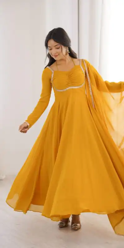 KB 291 Yellow Color Fox Blooming Georgette Gown with Lace Work. Affordable Price ₹1899. Delivery 4-6 Working Days. Shop now. | Bollywood Gowns, Creative Gowns, Designer Gowns, Embroidered Gowns, Gowns, Party Wear Gowns