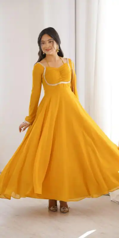 KB 291 Yellow Color Fox Blooming Georgette Gown with Lace Work. Affordable Price ₹1899. Delivery 4-6 Working Days. Shop now. | Bollywood Gowns, Creative Gowns, Designer Gowns, Embroidered Gowns, Gowns, Party Wear Gowns