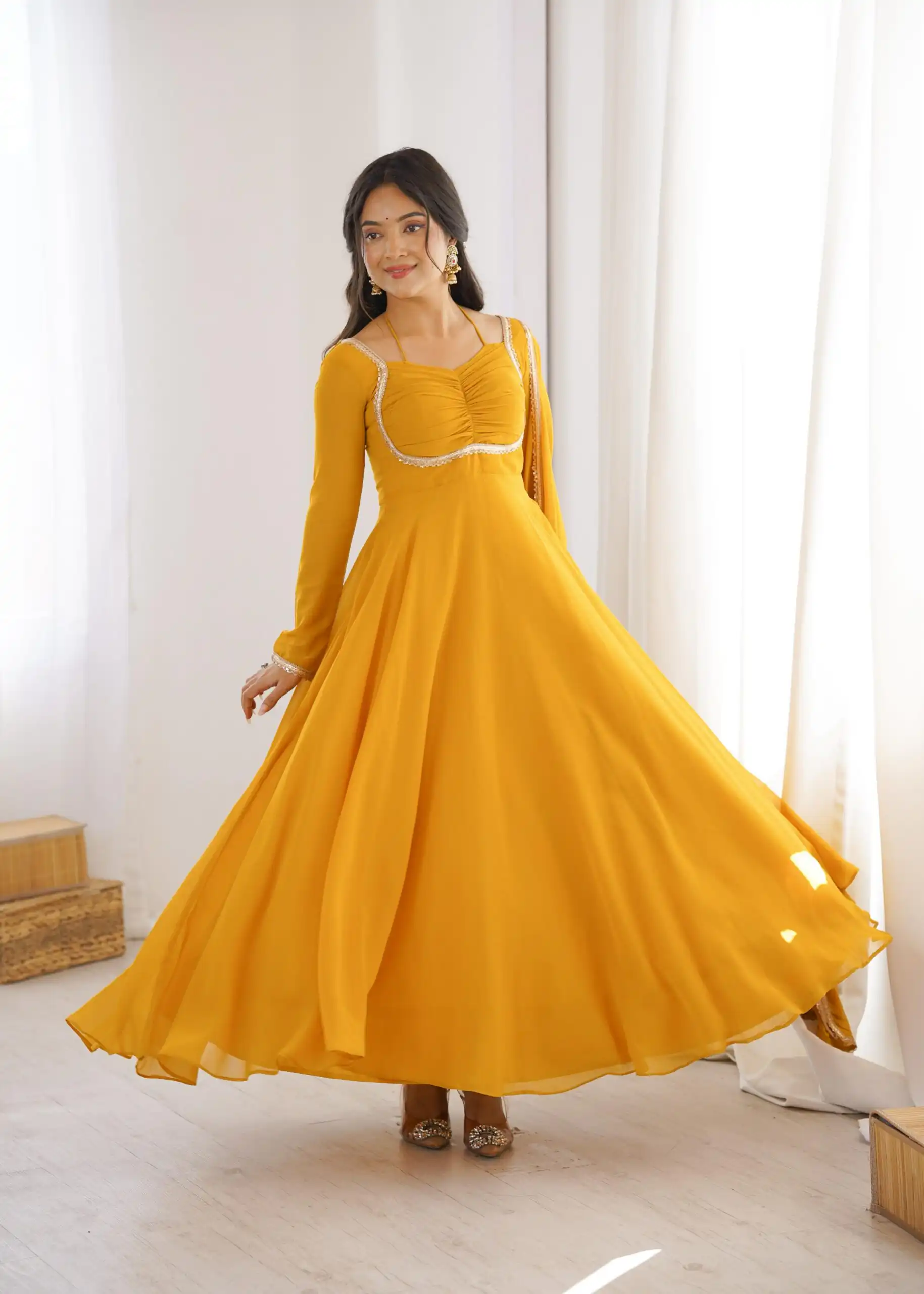KB 291 Yellow Color Fox Blooming Georgette Gown with Lace Work. Affordable Price ₹1899. Delivery 4-6 Working Days. Shop now. | Bollywood Gowns, Creative Gowns, Designer Gowns, Embroidered Gowns, Gowns, Party Wear Gowns