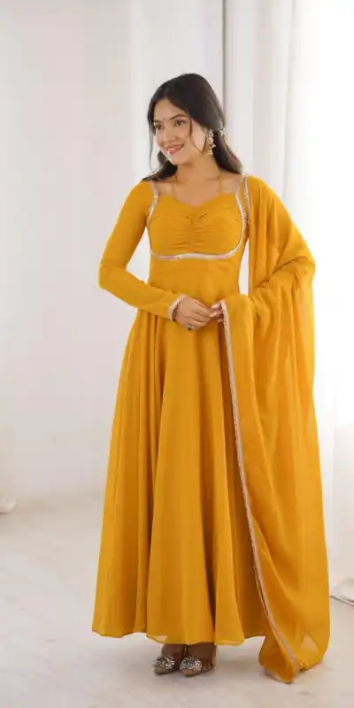 KB 291 Yellow Color Fox Blooming Georgette Gown with Lace Work. Affordable Price ₹1899. Delivery 4-6 Working Days. Shop now. | Bollywood Gowns, Creative Gowns, Designer Gowns, Embroidered Gowns, Gowns, Party Wear Gowns