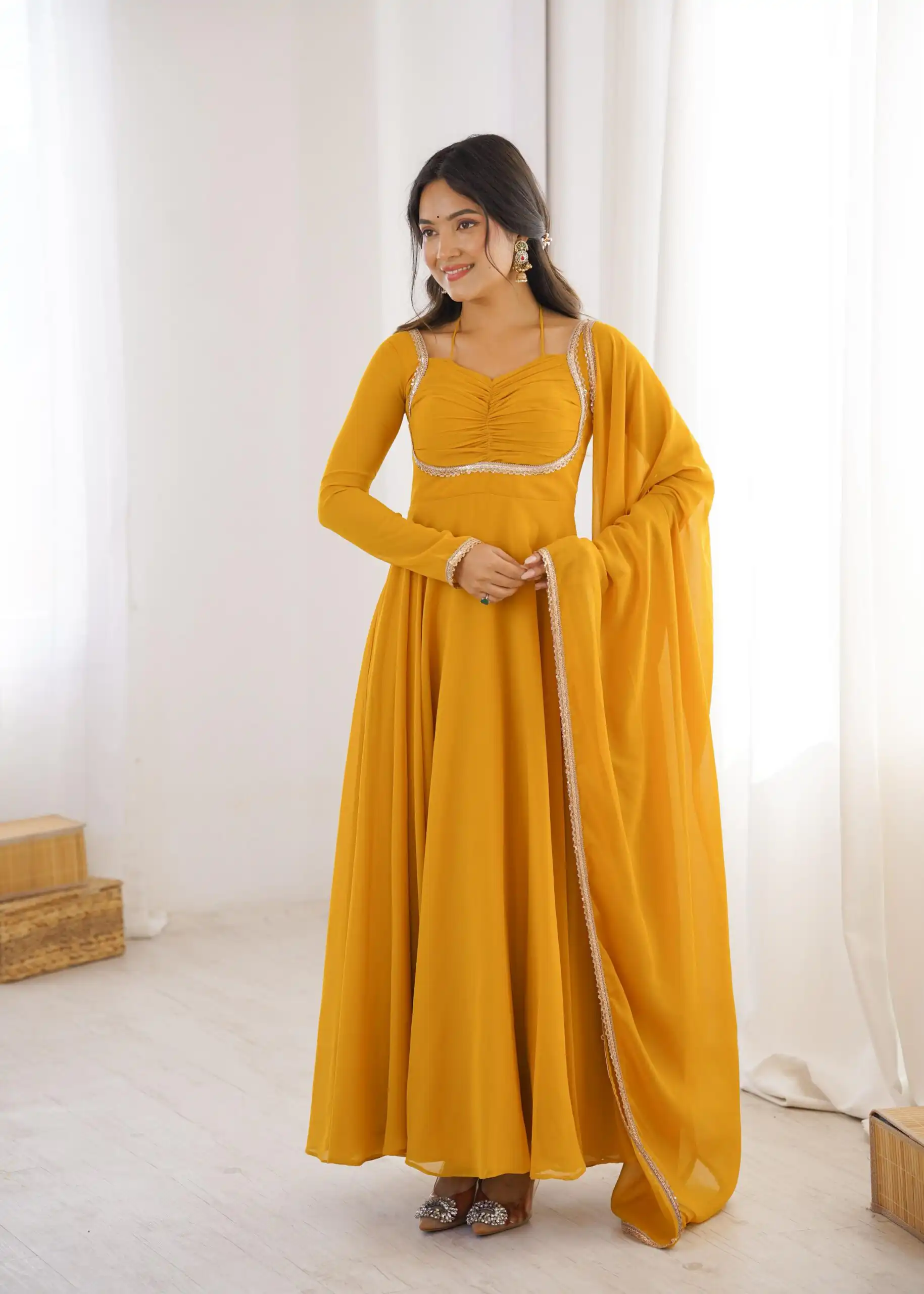 KB 291 Yellow Color Fox Blooming Georgette Gown with Lace Work. Affordable Price ₹1899. Delivery 4-6 Working Days. Shop now. | Bollywood Gowns, Creative Gowns, Designer Gowns, Embroidered Gowns, Gowns, Party Wear Gowns