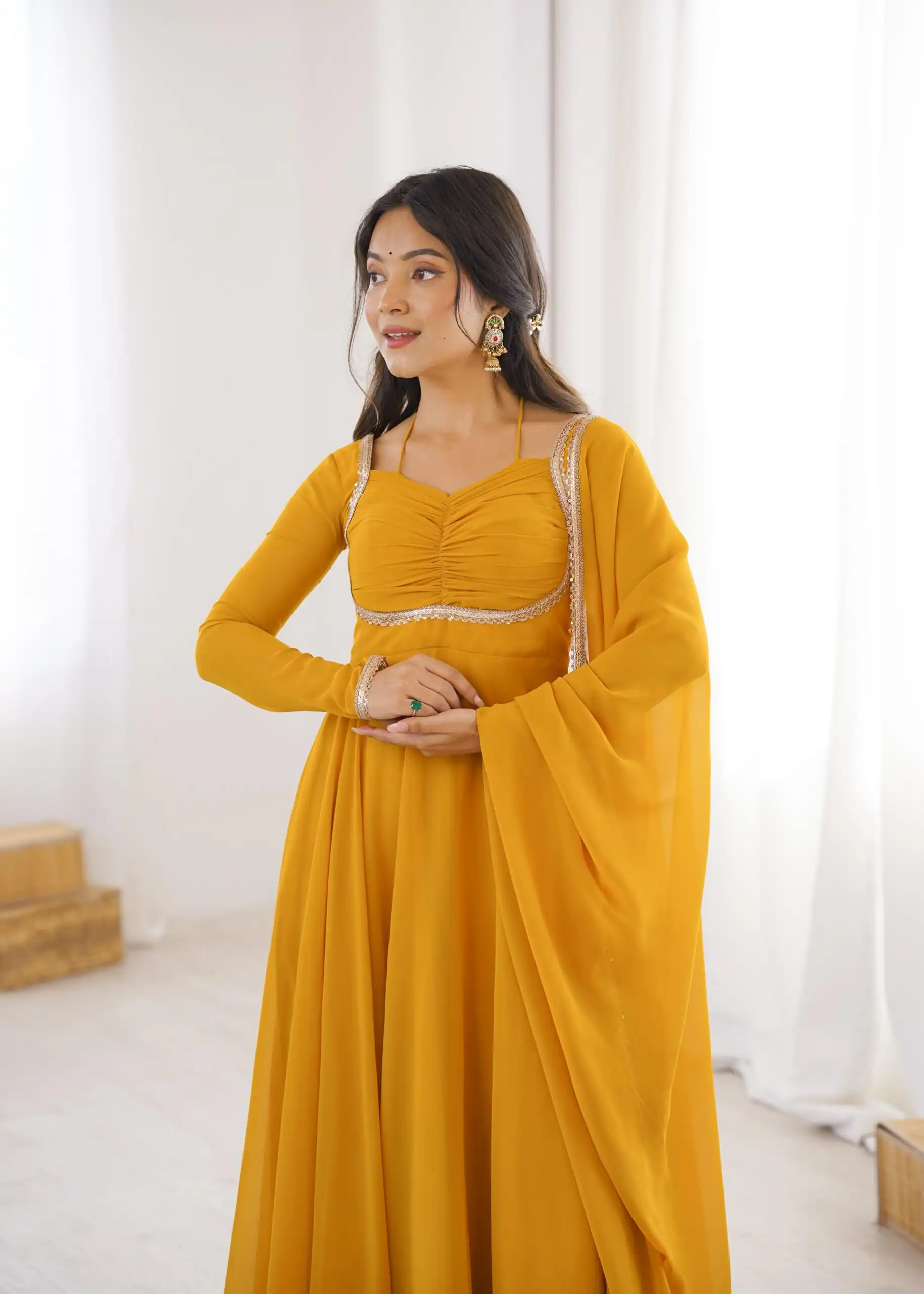 KB 291 Yellow Color Fox Blooming Georgette Gown with Lace Work. Affordable Price ₹1899. Delivery 4-6 Working Days. Shop now. | Bollywood Gowns, Creative Gowns, Designer Gowns, Embroidered Gowns, Gowns, Party Wear Gowns