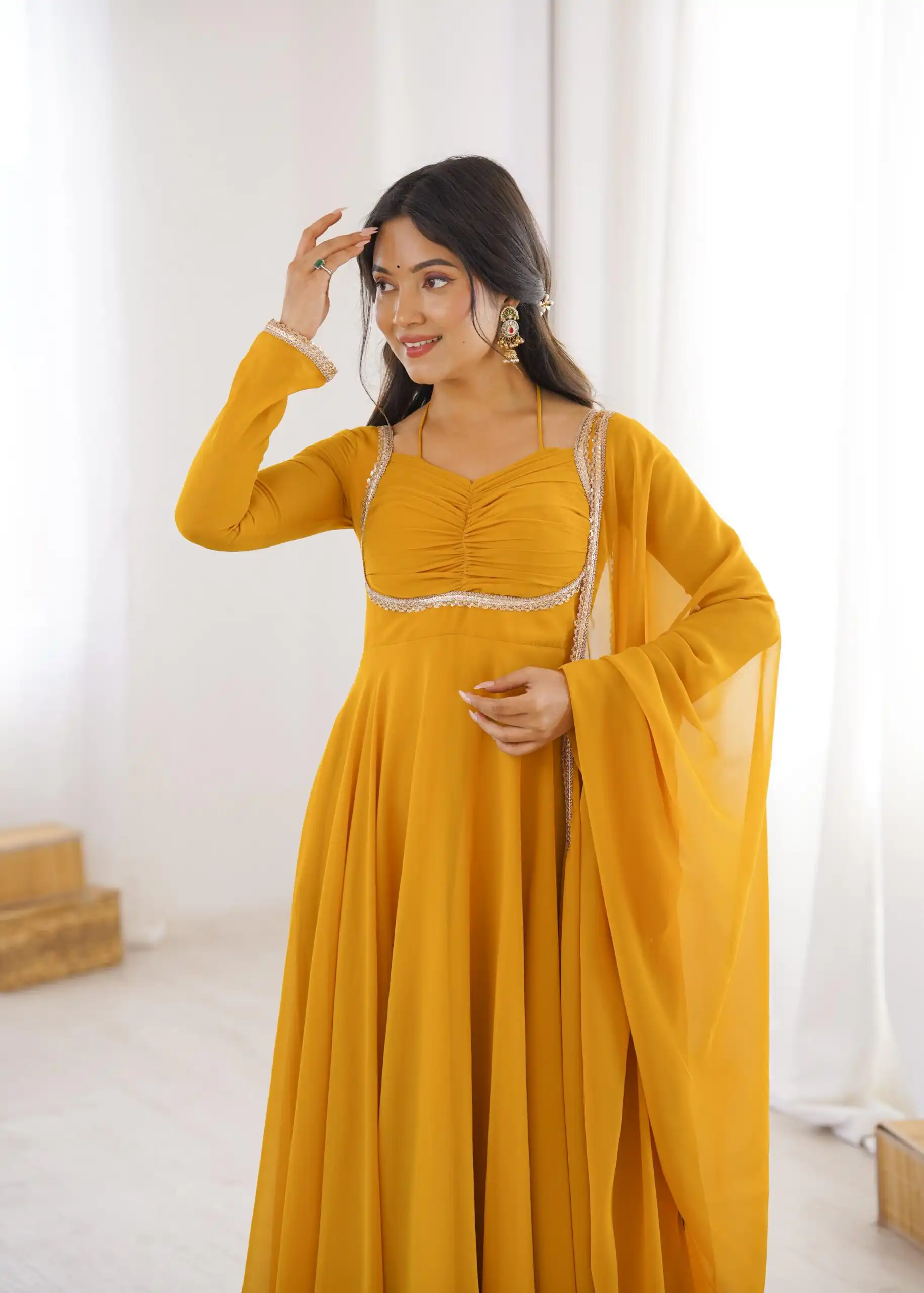 KB 291 Yellow Color Fox Blooming Georgette Gown with Lace Work. Affordable Price ₹1899. Delivery 4-6 Working Days. Shop now. | Bollywood Gowns, Creative Gowns, Designer Gowns, Embroidered Gowns, Gowns, Party Wear Gowns