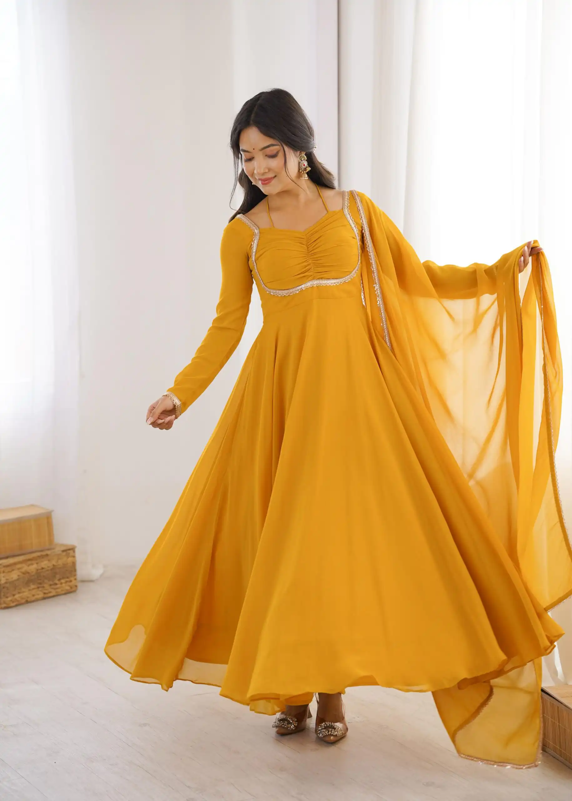 KB 291 Yellow Color Fox Blooming Georgette Gown with Lace Work. Affordable Price ₹1899. Delivery 4-6 Working Days. Shop now. | Bollywood Gowns, Creative Gowns, Designer Gowns, Embroidered Gowns, Gowns, Party Wear Gowns