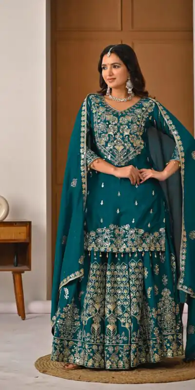 NF 1245 Teal Chinon Silk Lehenga Choli with Embroidery Work & Zari Work. Now at just ₹2449. Delivery 4-6 Working Days. Shop now. | Bollywood Lehenga, Creative Lehenga, Designer Lehenga, Embroidered Lehenga, Lehenga, Party Wear Lehenga
