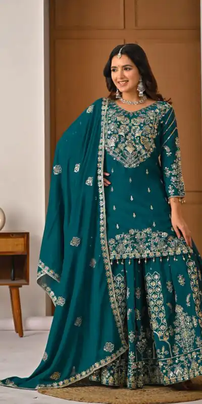NF 1245 Teal Chinon Silk Lehenga Choli with Embroidery Work & Zari Work. Now at just ₹2449. Delivery 4-6 Working Days. Shop now. | Bollywood Lehenga, Creative Lehenga, Designer Lehenga, Embroidered Lehenga, Lehenga, Party Wear Lehenga