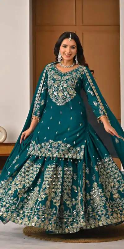 NF 1245 Teal Chinon Silk Lehenga Choli with Embroidery Work & Zari Work. Now at just ₹2449. Delivery 4-6 Working Days. Shop now. | Bollywood Lehenga, Creative Lehenga, Designer Lehenga, Embroidered Lehenga, Lehenga, Party Wear Lehenga