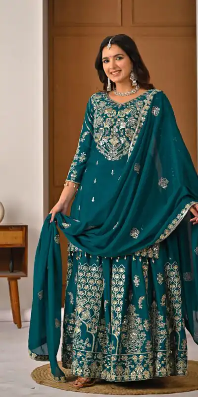 NF 1245 Teal Chinon Silk Lehenga Choli with Embroidery Work & Zari Work. Now at just ₹2449. Delivery 4-6 Working Days. Shop now. | Bollywood Lehenga, Creative Lehenga, Designer Lehenga, Embroidered Lehenga, Lehenga, Party Wear Lehenga