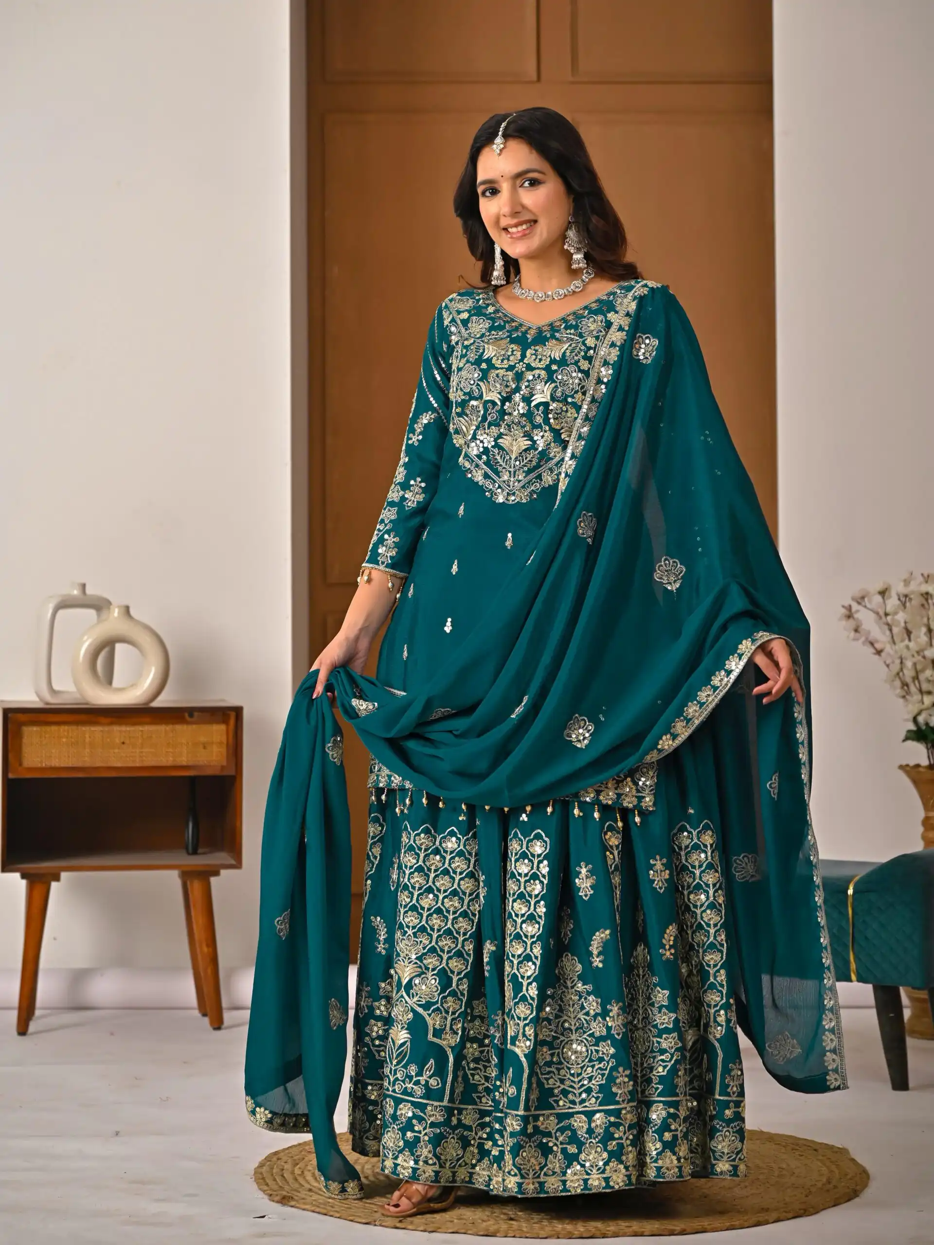 NF 1245 Teal Chinon Silk Lehenga Choli with Embroidery Work & Zari Work. Now at just ₹2449. Delivery 4-6 Working Days. Shop now. | Bollywood Lehenga, Creative Lehenga, Designer Lehenga, Embroidered Lehenga, Lehenga, Party Wear Lehenga