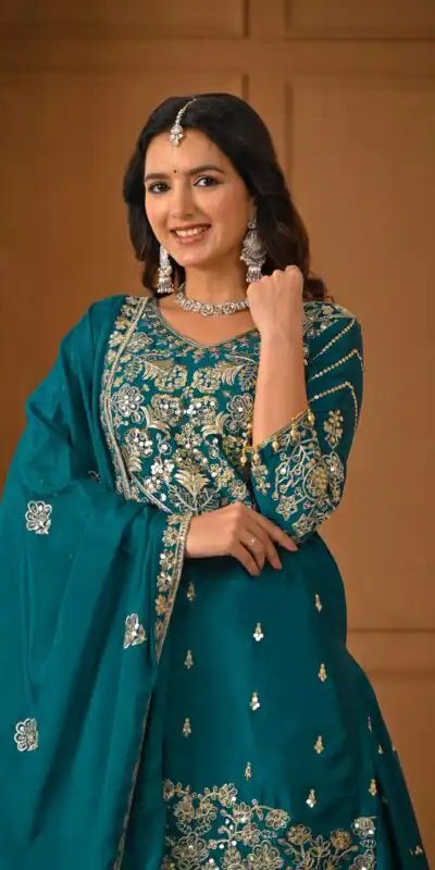 NF 1245 Teal Chinon Silk Lehenga Choli with Embroidery Work & Zari Work. Now at just ₹2449. Delivery 4-6 Working Days. Shop now. | Bollywood Lehenga, Creative Lehenga, Designer Lehenga, Embroidered Lehenga, Lehenga, Party Wear Lehenga