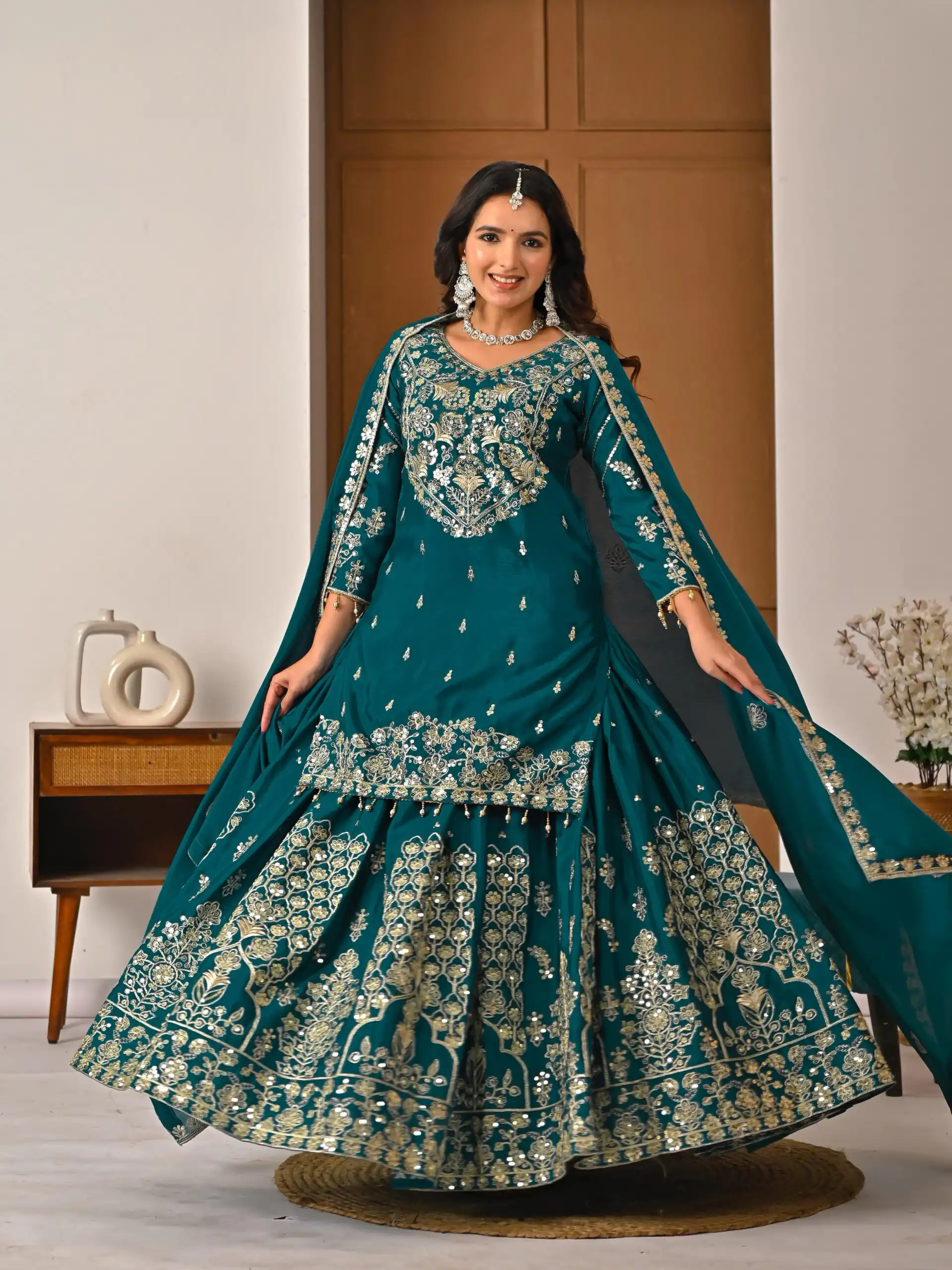 NF 1245 Teal Chinon Silk Lehenga Choli with Embroidery Work & Zari Work. Now at just ₹2449. Delivery 4-6 Working Days. Shop now. | Bollywood Lehenga, Creative Lehenga, Designer Lehenga, Embroidered Lehenga, Lehenga, Party Wear Lehenga