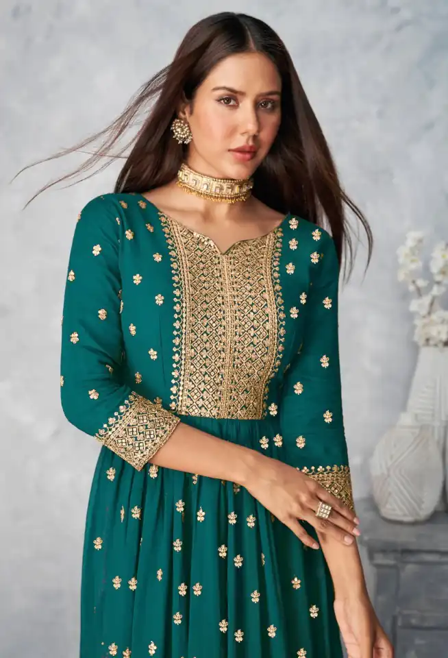 Teal Georgette Sequin Work Salwar Suit - Image 2
