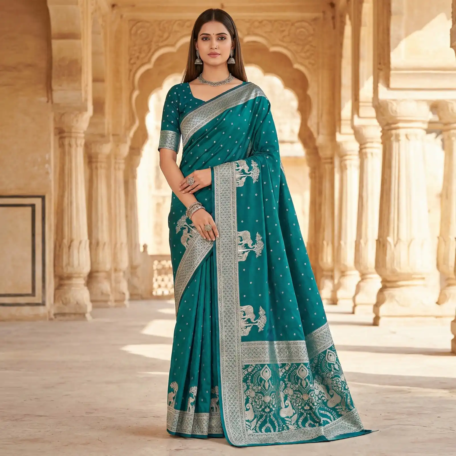 MB 25 GAJRAJ Teal in Pure Banarasi Silk Zari Work & Lace Work Saree . Introductory Price ₹1899. Delivery 4-6 Working Days. Shop now. | Creative Sarees, Bollywood Sarees, Designer Sarees, Embroidered Sarees, Ethnic Saree, Modern Digital sarees, Party Wear Sarees, Sarees