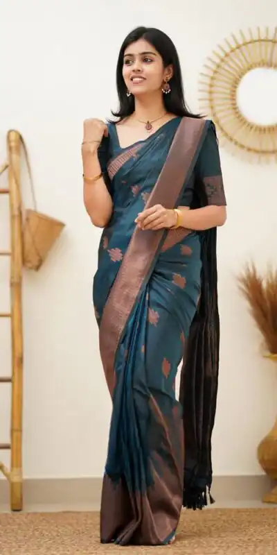 Teal Soft Lichi Silk Jacquard Rich Pallu Saree