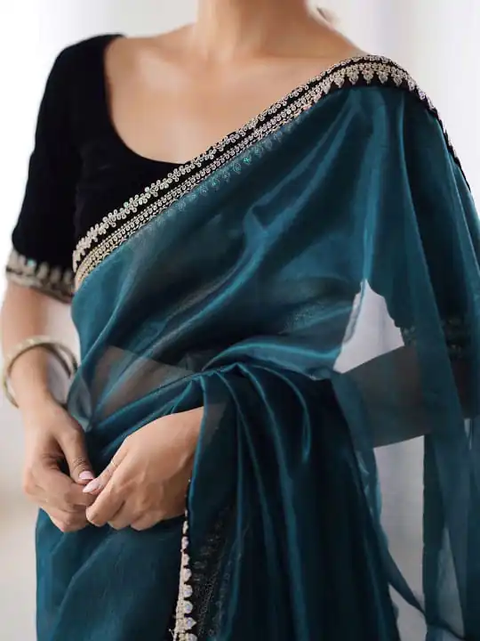 Teal Soft Twil Net Silk Embroidery Work Saree - Image 2
