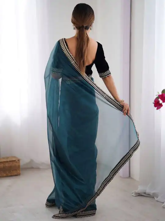 Teal Soft Twil Net Silk Embroidery Work Saree - Image 3