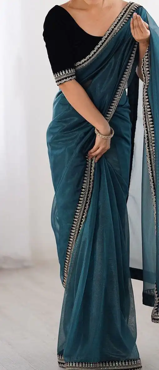 Teal Soft Twil Net Silk Embroidery Work Saree - Image 5